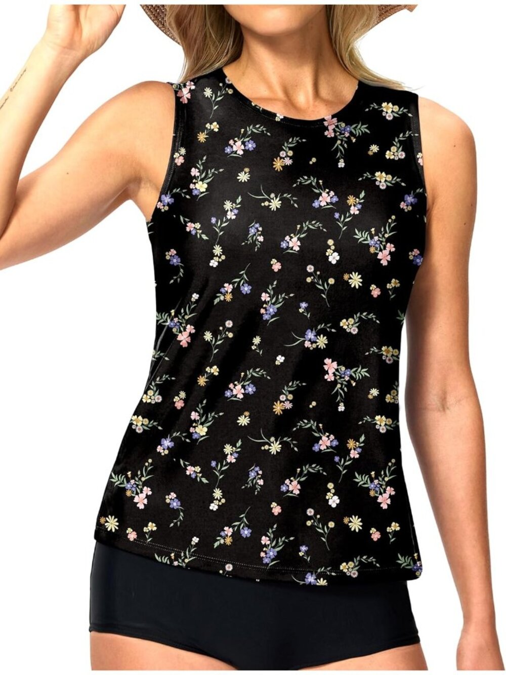 Women's Leaf High Neck Tanking Tops Modest Swim Shirts with Bra Bathing Suit